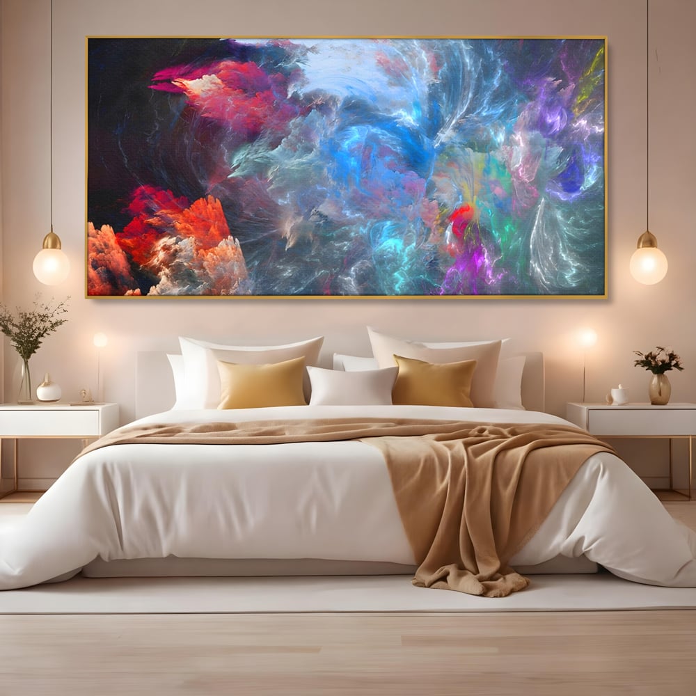 Tablou canvas cu tablou canvas cu explozie cosmica, in rama de aluminiu auriu, pe perete intr-un dormitor